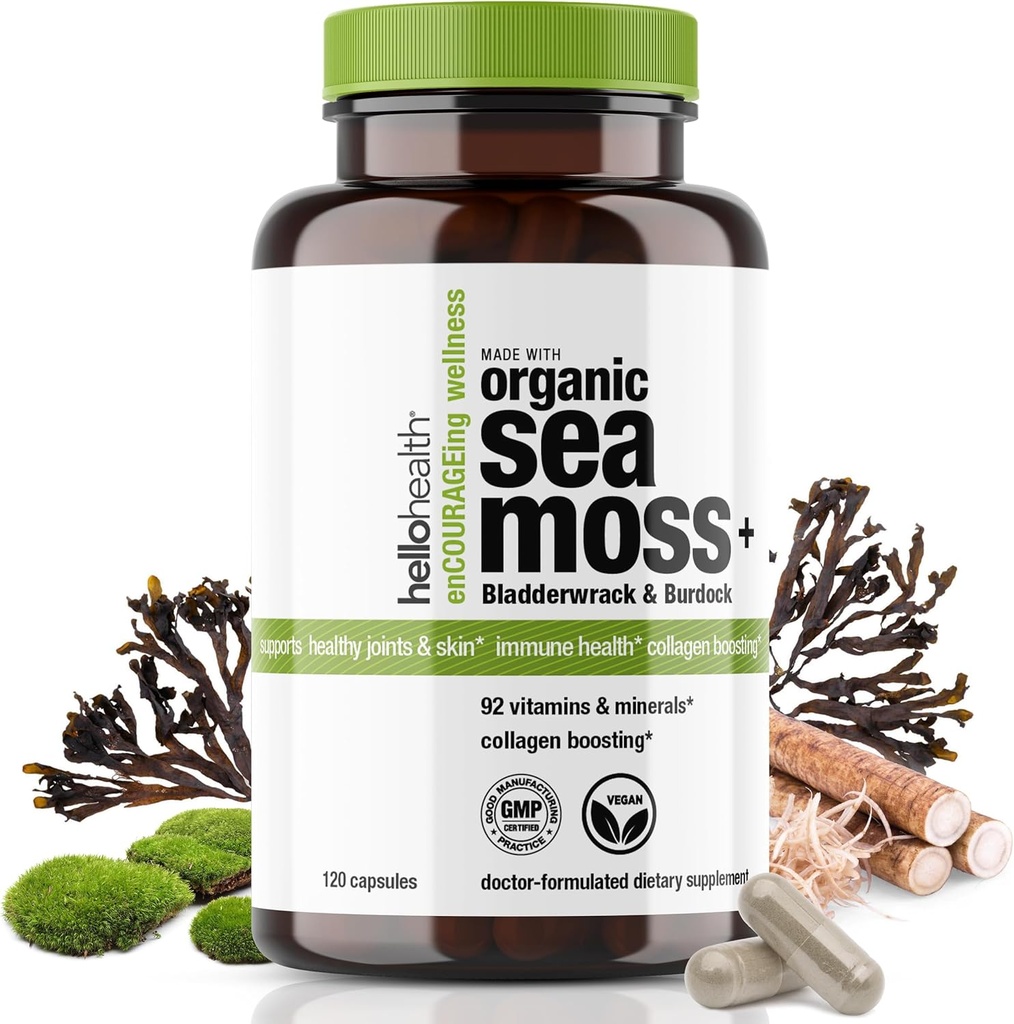 Organik İrlandalı Deniz Moss Capsules: Wildcrafted Sea Moss, Burdock Root & Bladderwrack Prebiyotik Super Food for Immune Support, Yourroid Support, Natural Energy, -120 Caps