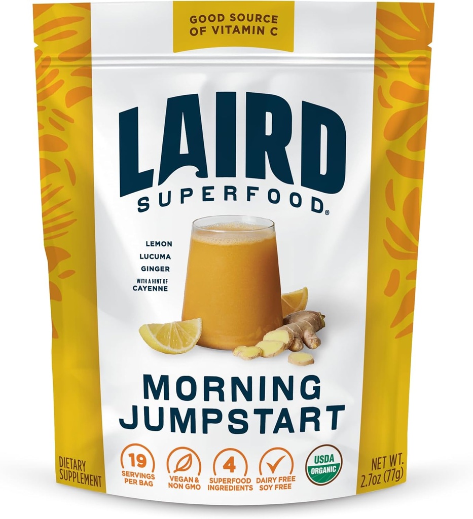 Laird Superfood Morning Jumpstart Dust Drink Supplement, Lemon, Lucuma, Ginger ve Cayenne Cleanse, Organik, 2.7 Oz Bag, 1 Paket