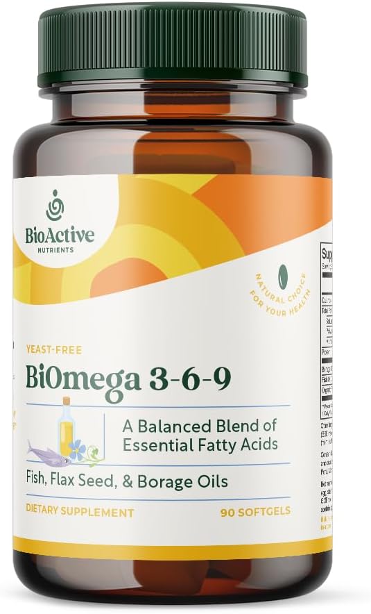 BIOACTIVE NUTRIENTS BiOmega 3-6-9 Kadınlar ve Erkekler için Softgels - Omega 3 6 9 - En İyi Fish, Flaxseed Oil ve Borage Oil Supplements - 1200 mg - 90 Softgels