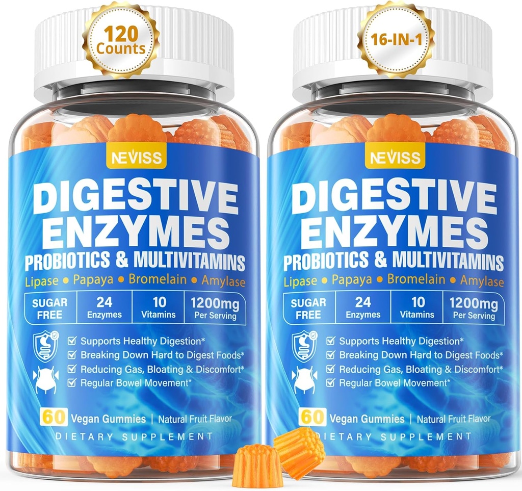 Probiyotik Gummies, Multivitamins, Kalsiyum, Magnezyum - All 24 Essential Chewable Multi Enzymes - Papaya, Lipase, Amylase, Bromelain - Dis Down Carbs, Proteinler, Fats, 2Packs
