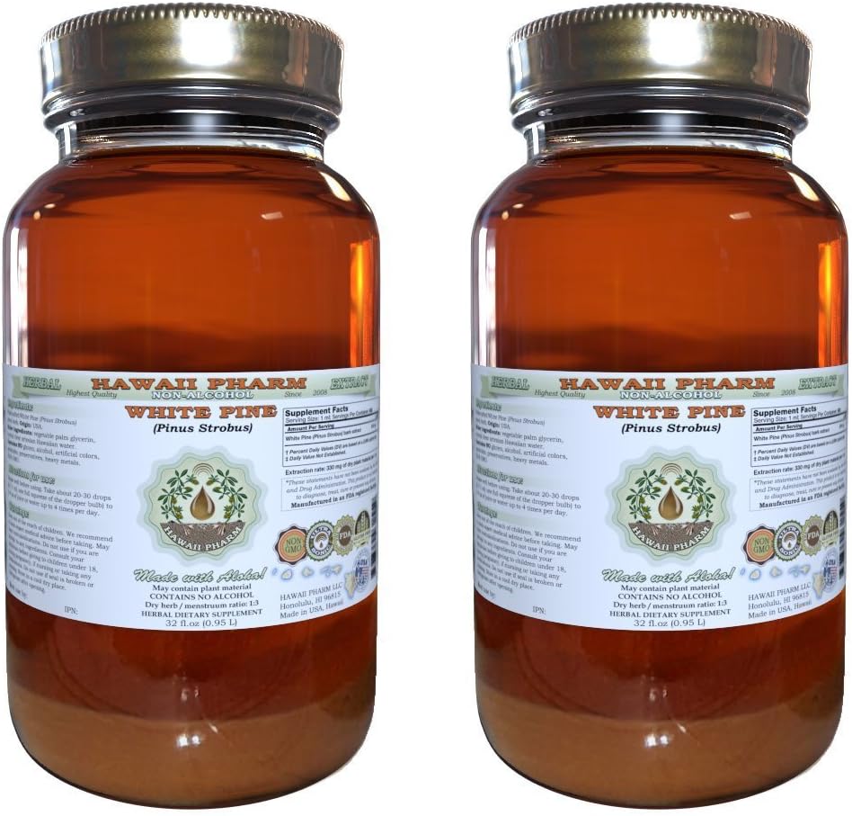 White Pine Alkol-Free Liquid Extract, White Pine (Pinus Strobus) kuru Bark Glycerite Natural Herbal Supplement, Hawaii Pharm, ABD 2x32 fl.oz