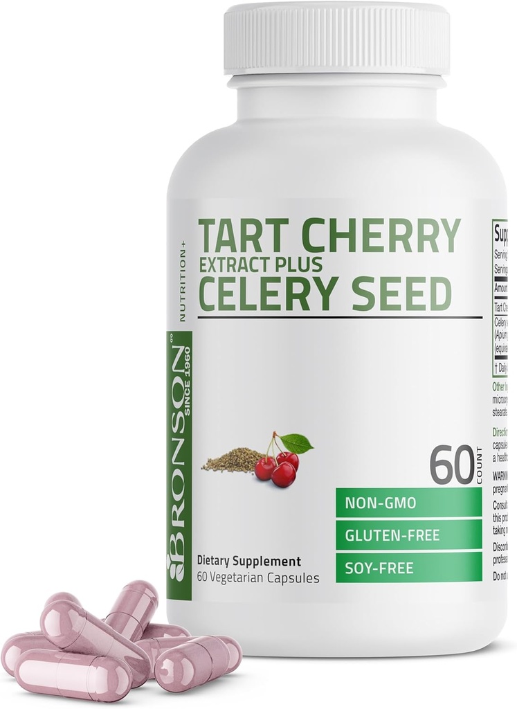 Bronson Tart Cherry Extract + Celery Seed Capsules - Güçlü Uric Acid Cleanse, Ortak Hareketli Destek ve Kas Kurtarma Supplement - Non-GMO Formula - 60 Vegetarian Capsules