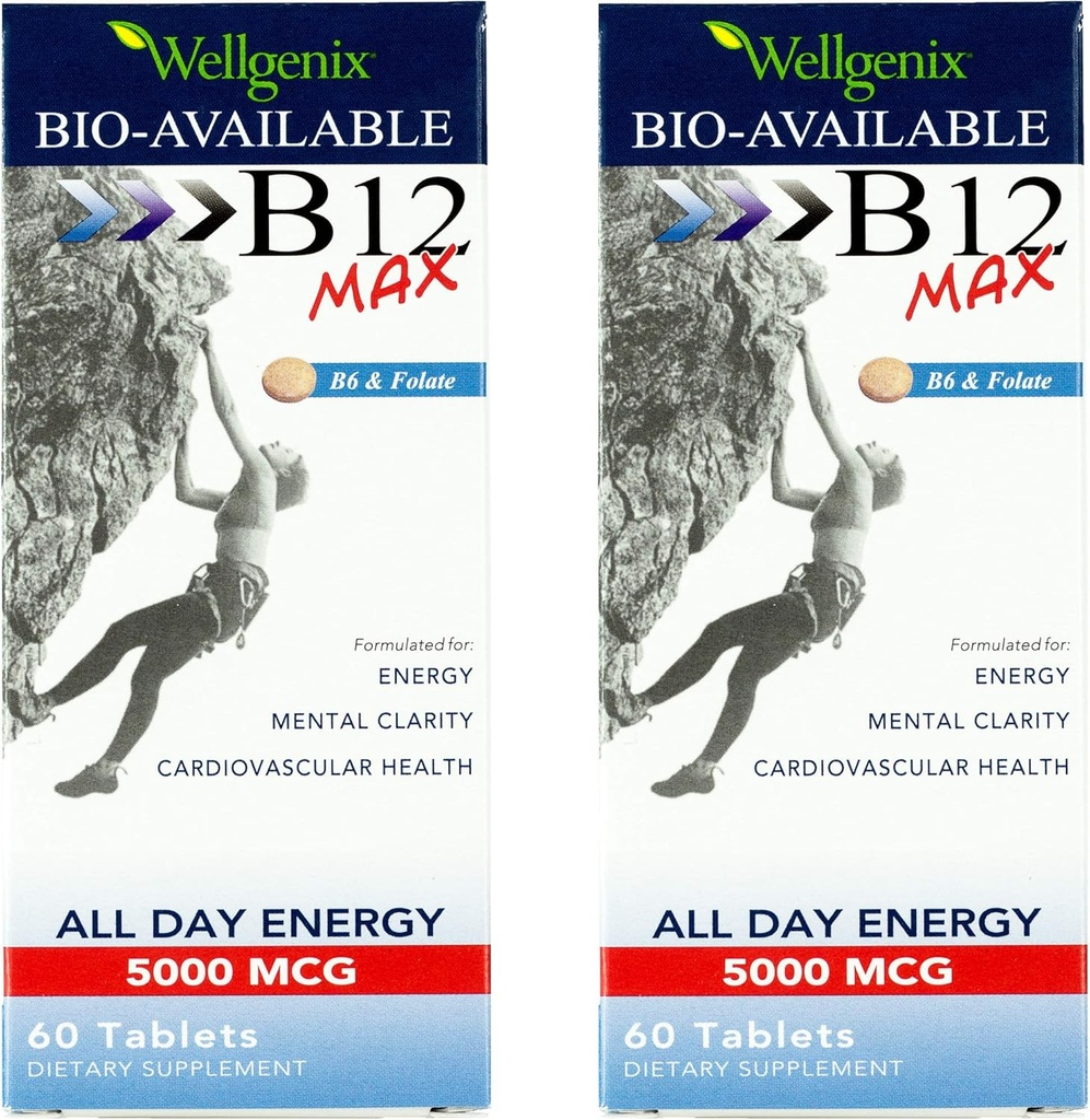 Wellgenix Bio-Available Sublingual B12 Max - Yüksek Absorpsiyon için Formüle - Beslenmeli Multivitamin B12, B6, Folate - Fast Dissolve (60 Ct) 2 Pack