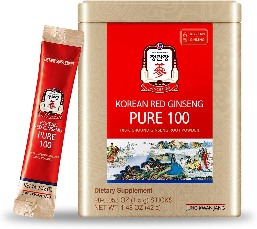 JungKwanJang Korean Red Ginseng Pure 100 - Panax Ginseng Powder Stick Συμπληρώματα - Ενέργεια Boost & Ανοσολογική Υποστήριξη - Vegan, Caffeine Free, Gluten Free & Non-GMO (Net Wt. 1.48 oz, 30 Sticks)