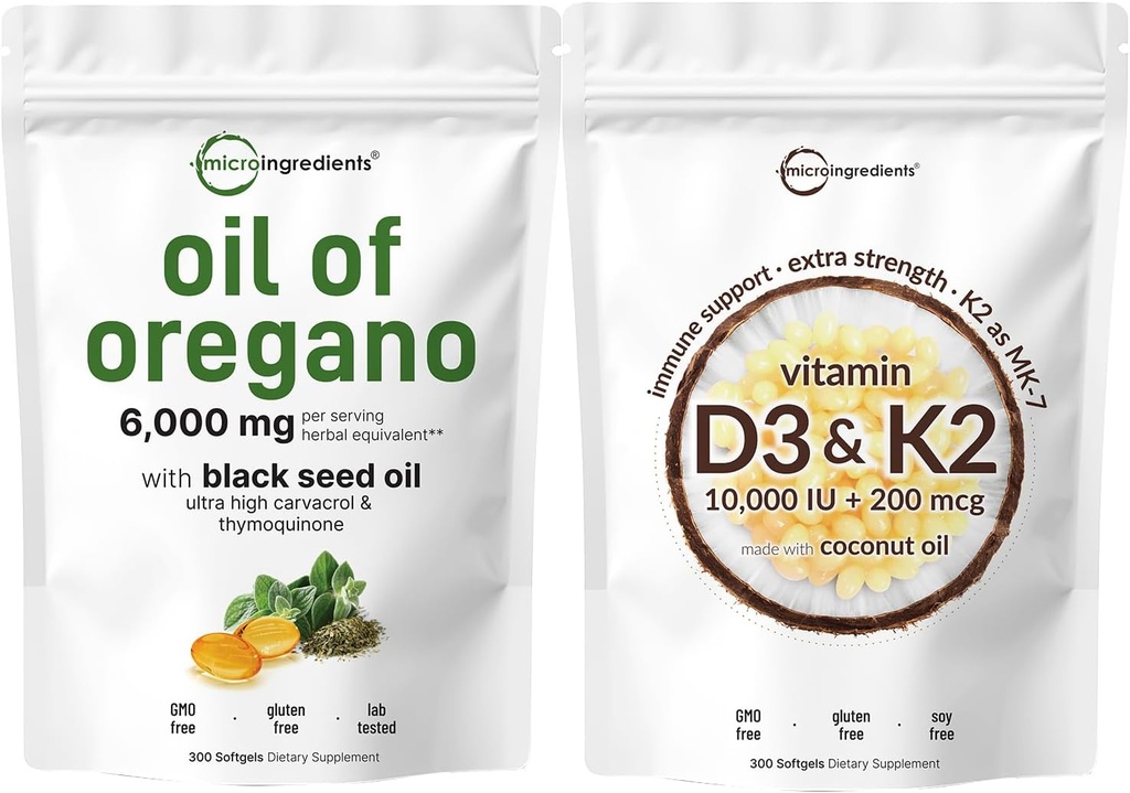Micro Ingredients Oil of Oregano Softgels 6.000mg Per Serving & Vitamin D3 10.000iu + K2 200mcg Coconut Oil Softgels Bundle 2 Pack 