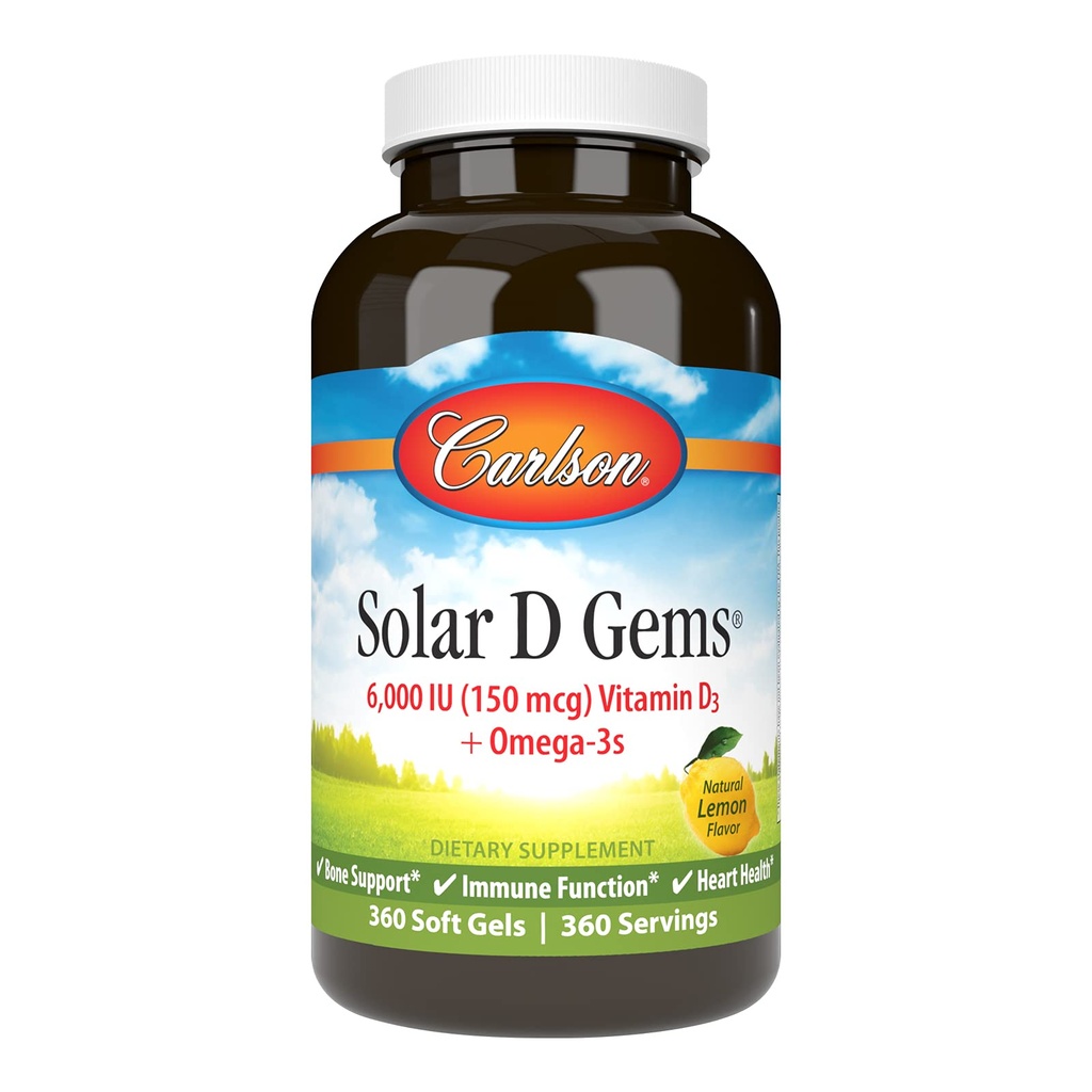 Carlson - Solar D Gems, D3 ve Omega-3 Supplement, 6000 IU (150 mcg) D3, 115 mg Omega-3s EPA ve DHA Supplement, Wild Caught, Sustainable Sourced, Lemon, 360 Softgels
