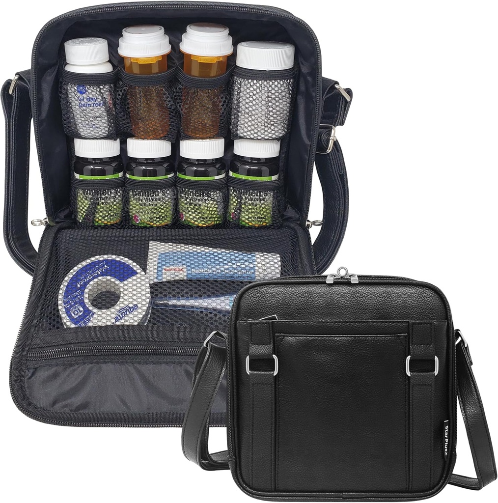 Medium 2in-1 Pill Şişe Organizer, Crossbody PU Deri Kadınlar için Purse, Tıp Bag, Case, İlaçlar için Carrier, Travel Medicine Organizer, Med Bag - Black (Without Lock)