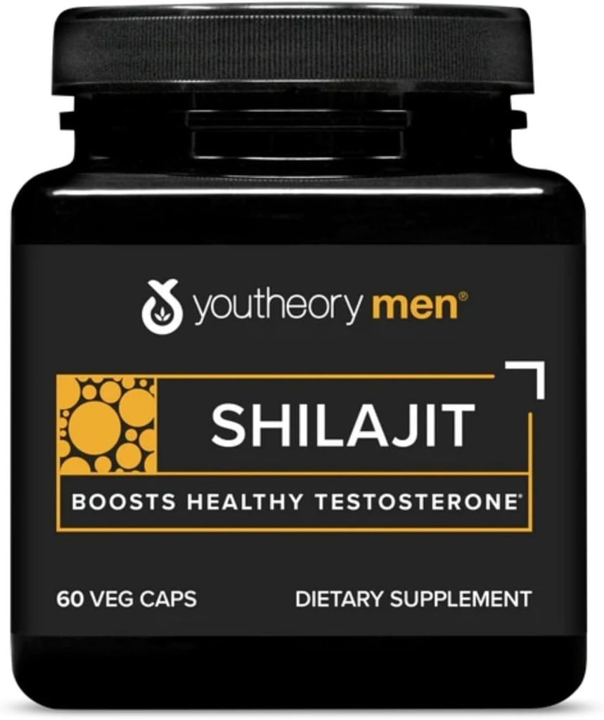 Youtheory Men's Shilajit - 250 mg Shilajit Κάψουλες - Συμπλήρωμα Ενέργειας - Υποστηρίζει Stamina & Αντοχή* - Γλουτένη, Γαλακτοκομικά & Σόγια Χωρίς - 60 Veg Κάψουλες