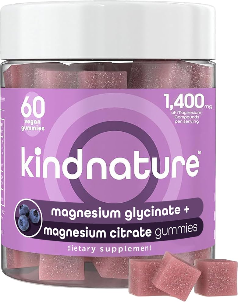 KINDN, Magnezyum Glycinate & Citrate Gummies - Calm Magnezyum Uyku, Stres, Cramps & Digestion - Chewable Vegan Magnezyum Supplement for Women, Young, Yetişkinler – 60 Ctt
