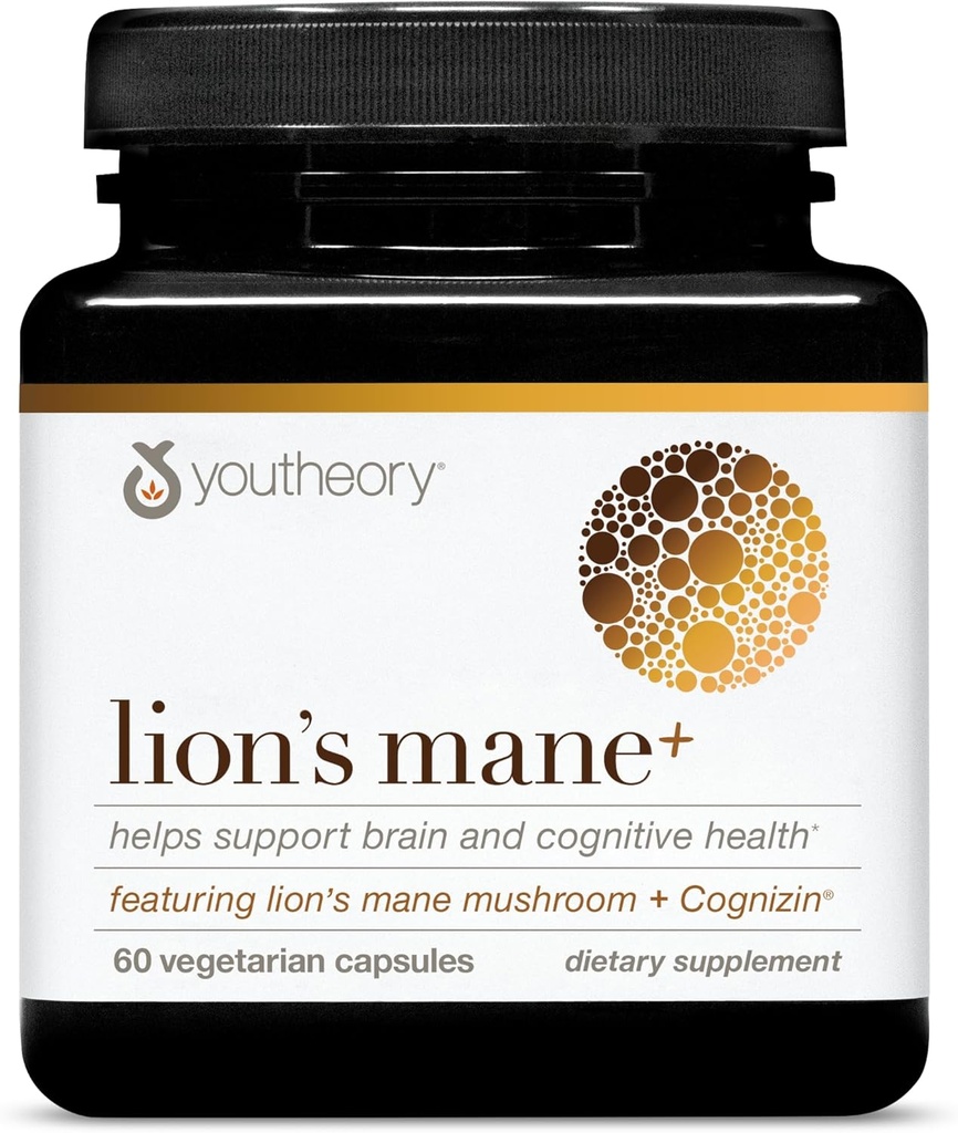 Youtheory Lion's Mane Plus - Cog Browser ile Mushroom Supplement - Teklifler Focus & Brain Support* - 60 Vejetaryen Capsules