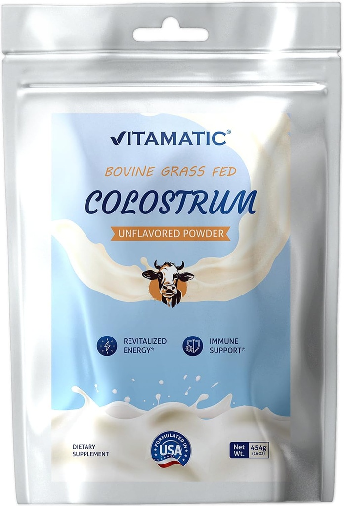 Vitamatic Bovine Colostrum% 30 IgG Toz 16 OZ (454 Gram) - Gut Health, Saç Büyüme, Güzellik, Kas Kurtarma ve Immune Desteği - Mix için Kolay - (Unflavored)
