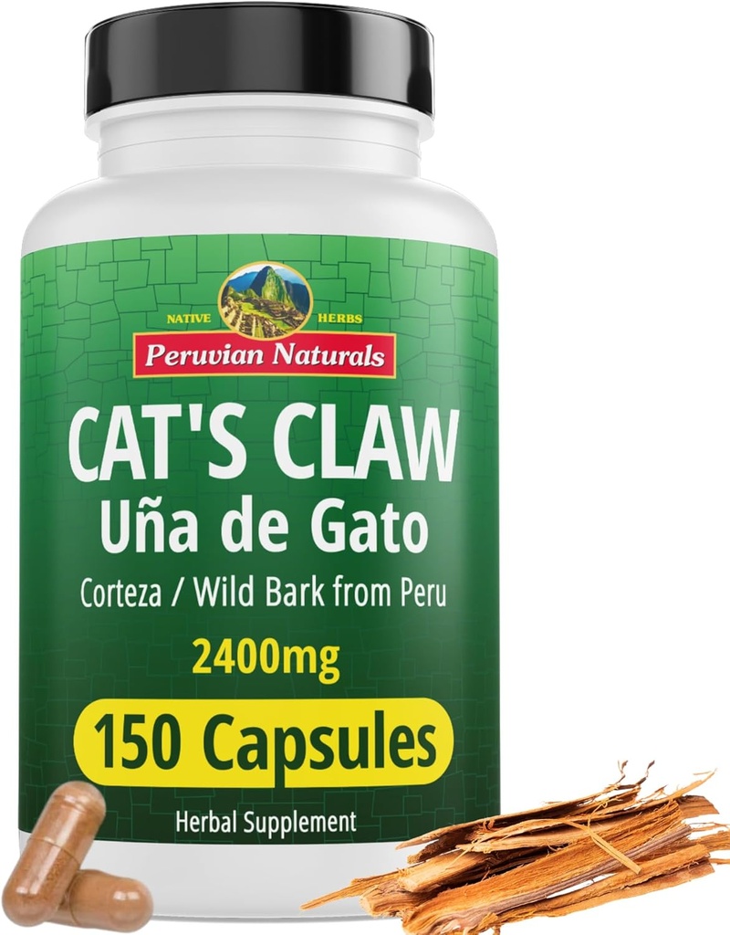 Peruvian Naturals Cat's Claw Herbal Supplement 150 Capsules - Uña de Gato 2400 mg of Vegan,% 100 Natural Cats Claw Bark Grown in Peru, Non-GMO, Uncaria Tomentosa UNA de Gato