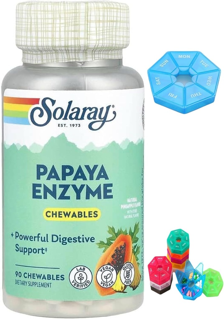 Φτιαγμένο για Solaray, Papaya Enzyme, Φυσικό ανανά, 90 Μασώμενα + Μπόνους 1 Mini Pill Box για 7 ημέρες