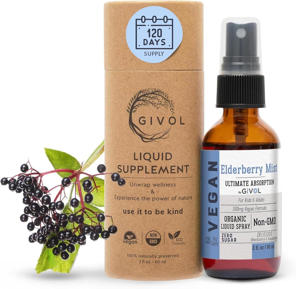 Βιολογικό εκχύλισμα Liquid Mist Elderberry (Sambucus Nigra) – Επιπλέον ενίσχυση ανοσοποίησης για παιδιά και ενήλικες – Υψηλά επίπεδα φλαβονοειδών, εύκολη απορρόφηση, μη-GMO, Vegan – 120 ημερών προμήθεια