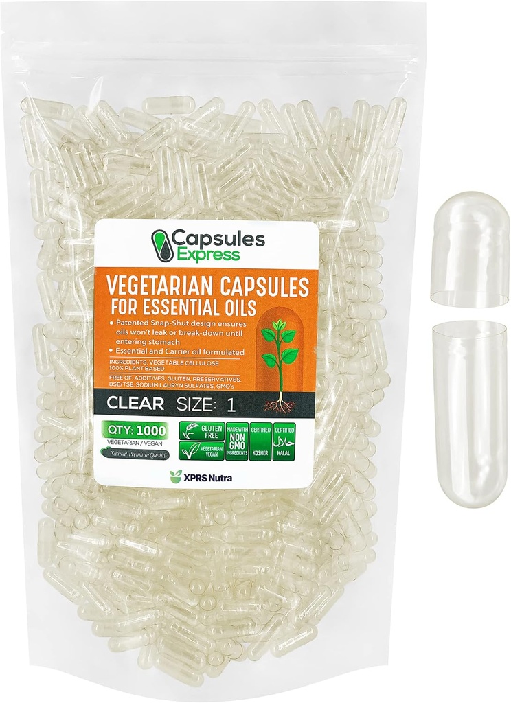 XPRS Nutra Boyutu 1 Boş Vegan Capsules - 1000 Kont Clear Veggie Capsules for Most Essential Oils - Boş Sebze Pilleri - DIY Oil