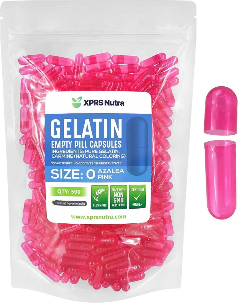 XPRS Nutra Μέγεθος 0 Κενές κάψουλες - 500 Count Empty Gelatin Κάψουλες - Χάπια DIY Καψάκιο Γέμισμα - Αγνά καπάκια τζελ Μπόβιν Χάπι για το Do-It-Yourself Συμπληρώματα (Azalea Pink)