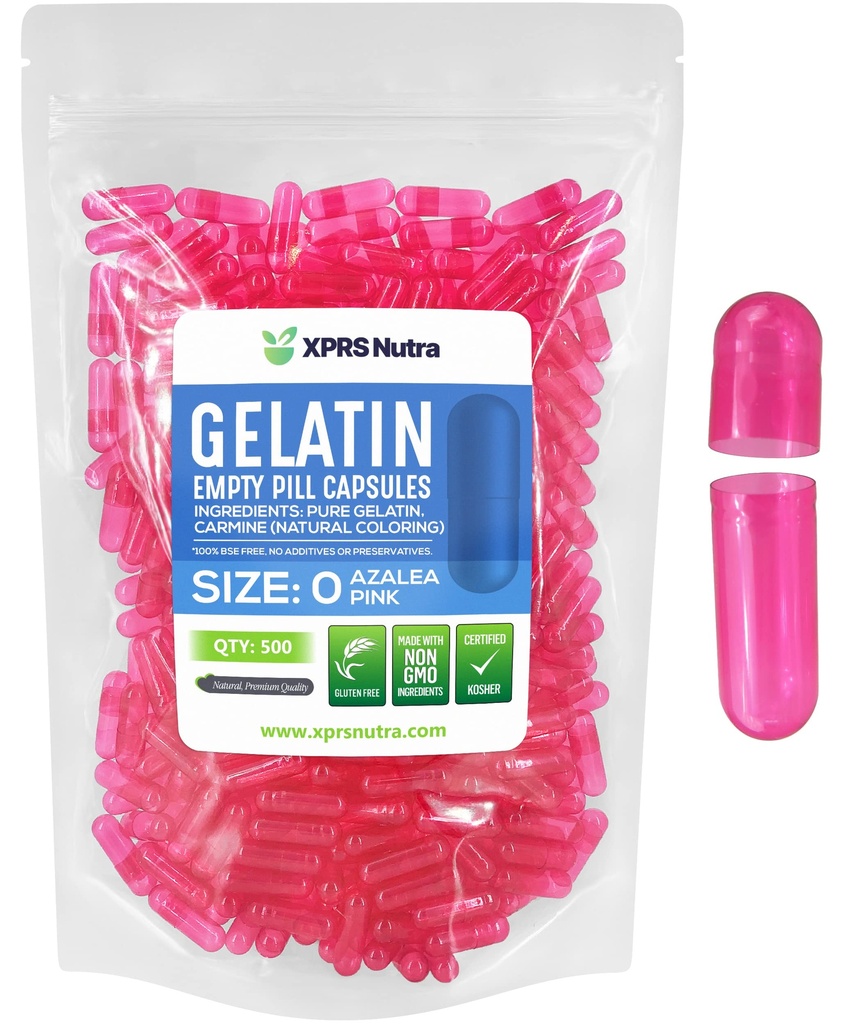 XPRS Nutra Μέγεθος 0 Κενές κάψουλες - 500 Count Empty Gelatin Κάψουλες - Χάπια DIY Καψάκιο Γέμισμα - Αγνά καπάκια τζελ Μπόβιν Χάπι για το Do-It-Yourself Συμπληρώματα (Azalea Pink)