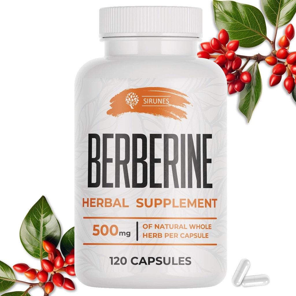 SIRUNES Berberine Supplement – Βερβερίνη HCL Συμπλήρωμα διατροφής για άνδρες και γυναίκες – Μη ΓΤΟ Βερβερίνη 500mg – Ιδανικό για ανοσοποιητική υποστήριξη, καρδιά, Χοληστερόλη Επίπεδα 120 Κάψουλες