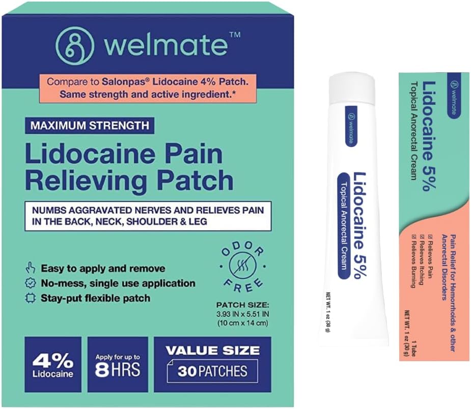 WELMATE Ultimate Pain Relief Duo: 4% Lidoka Numbing Patch (30 Ct) &% 5 Lidokak Krem (1 Oz)