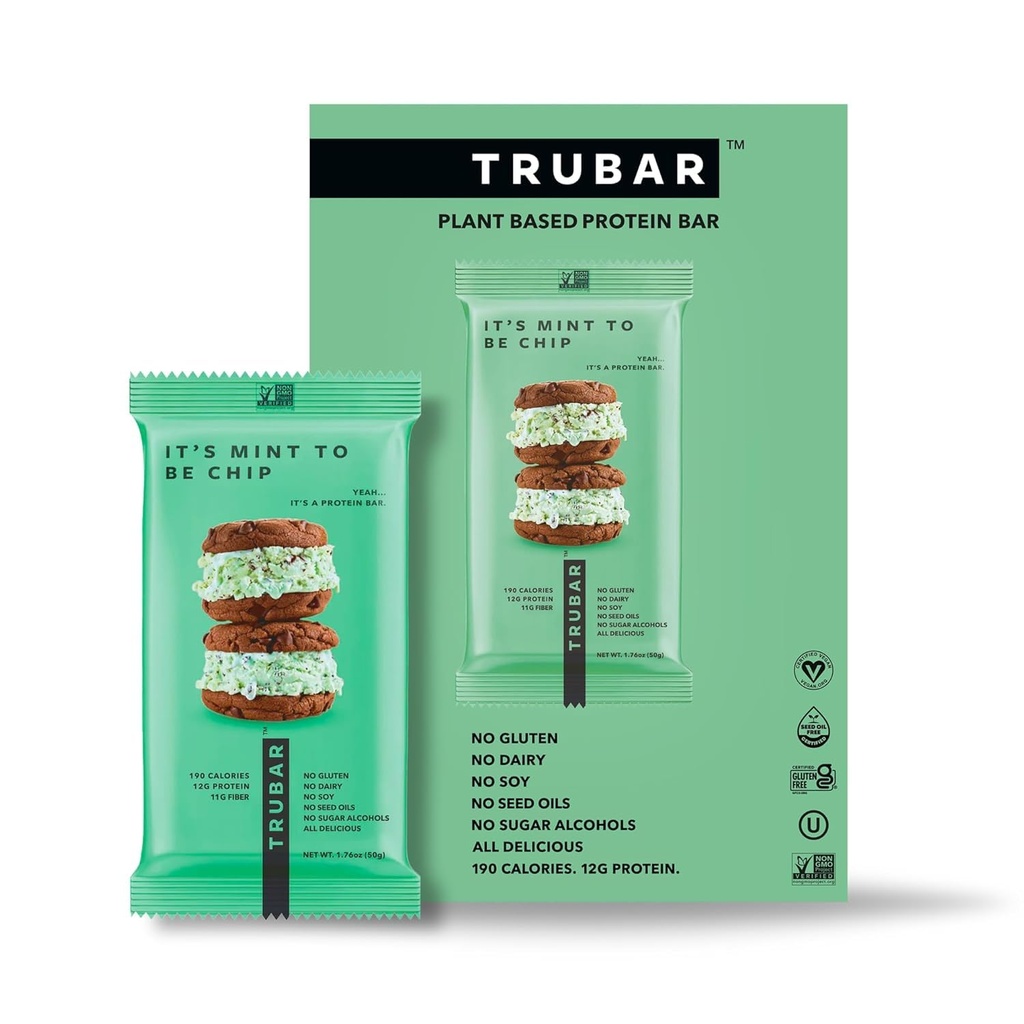 TRUBAR Vegan Protein Barlar - Soy Ücretsiz, Süt Ücretsiz, Gluten Ücretsiz Protein Barlar - Şeker Alkol - Non-GMO - Protein 12g - Chip Olmak Için Mint - 12 Kont