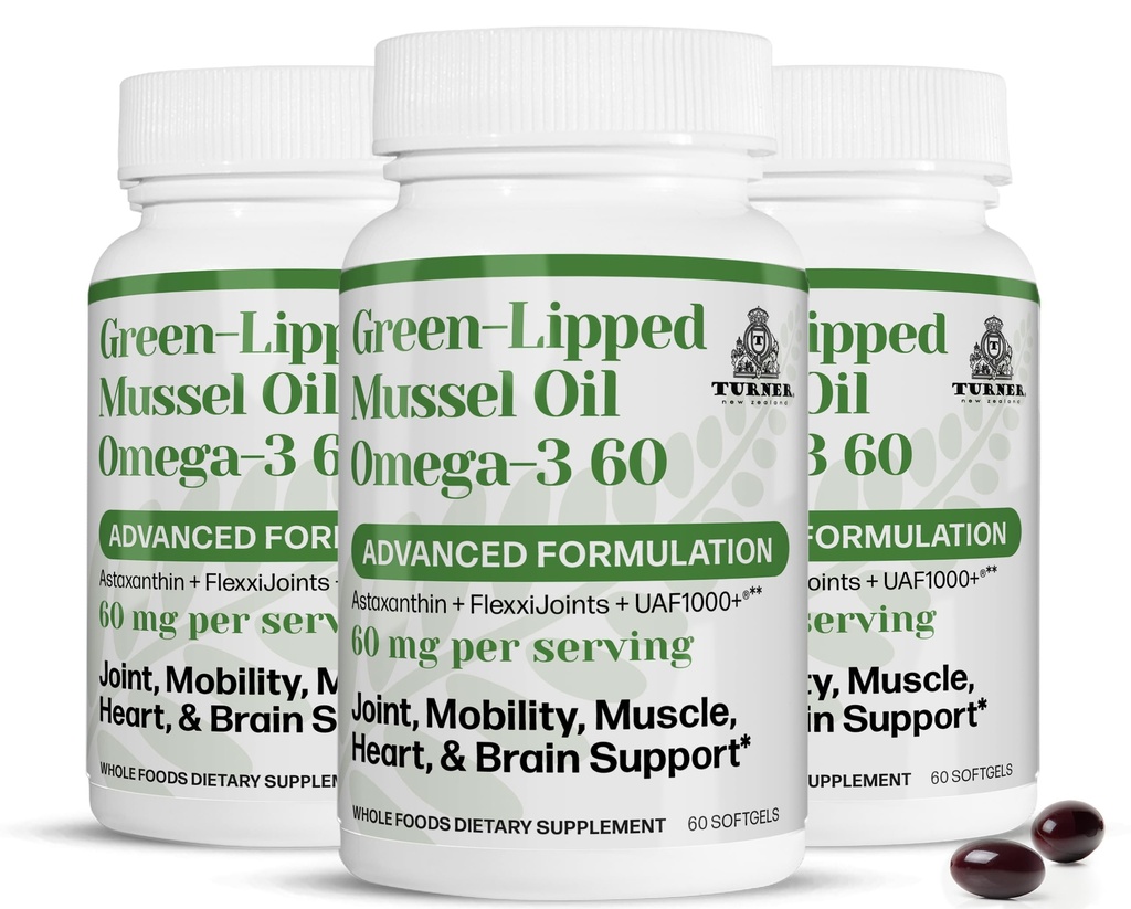 TURNER Yeni Zelanda Yeşil Lipped Omega-3 Mussel Oil, UAF1000+ Super Antioksi ile 53x Yüksek Potency. No Fishy Aftertaste, 3 Şişe, 180 Softgels
