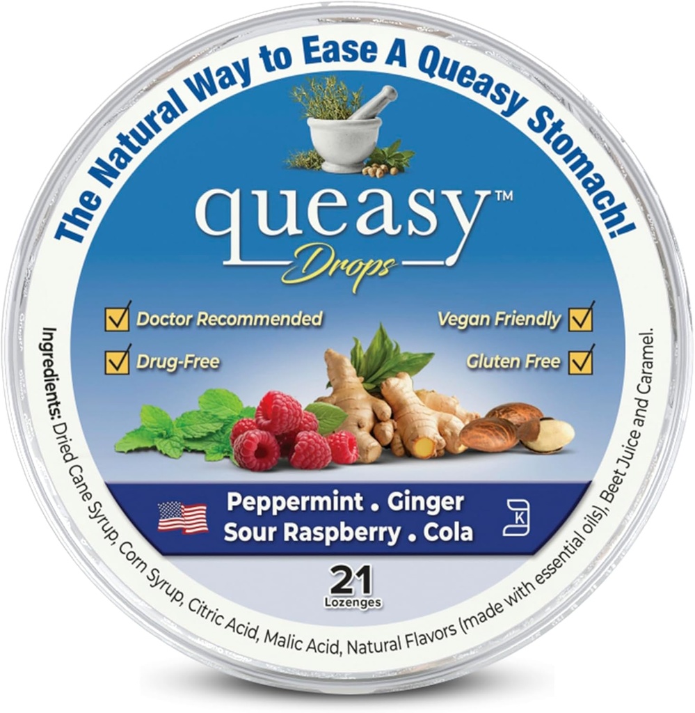 Three Lollies Queasy Drops - Ease Chemotherapy Nausea & Travel Sickness - Alleviates a Dry Mouth - Natural Ingredients - 21 ct