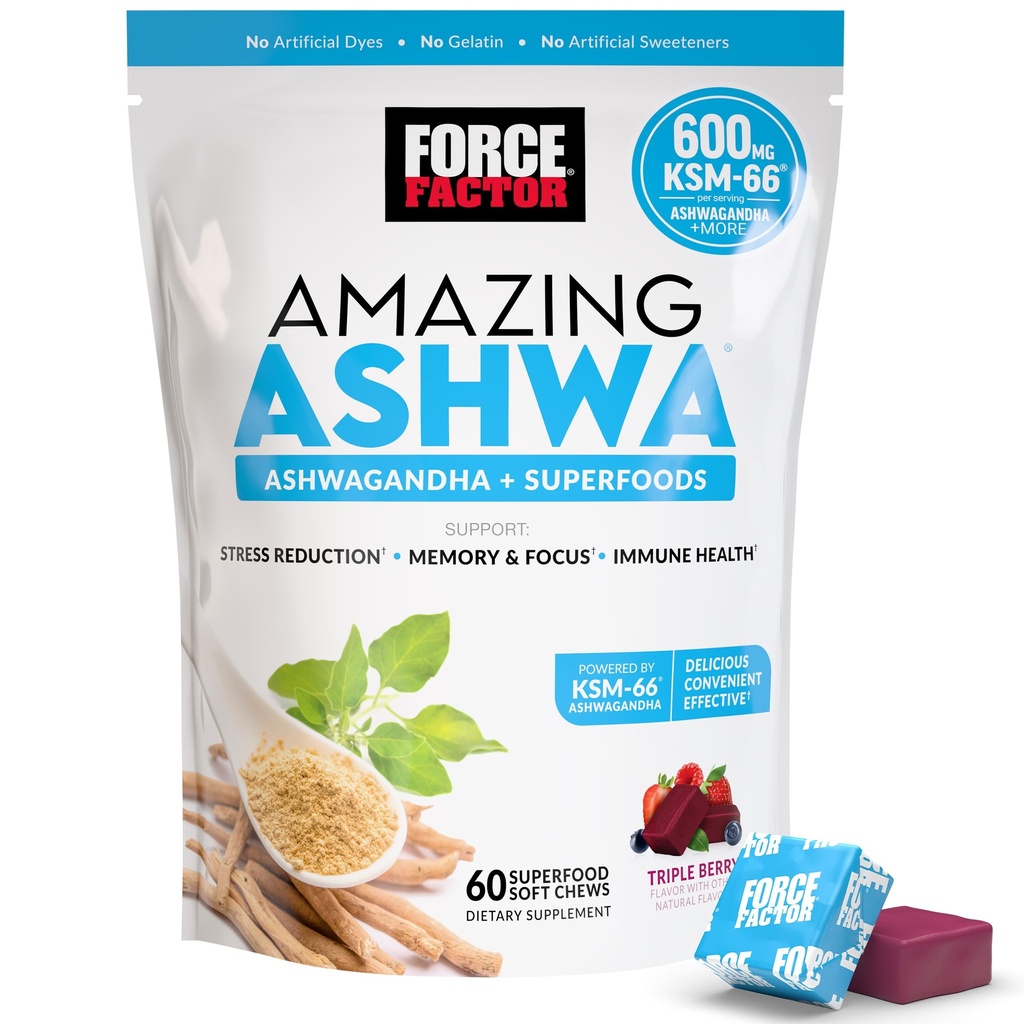 Stres Yardımı için İnanılmaz Güç Faktörü, Memory, Focus ve Immune Support Health, Ashwaganda Supplement with KSM-66 Ashwagandha for Stress, 60 Soft Chews
