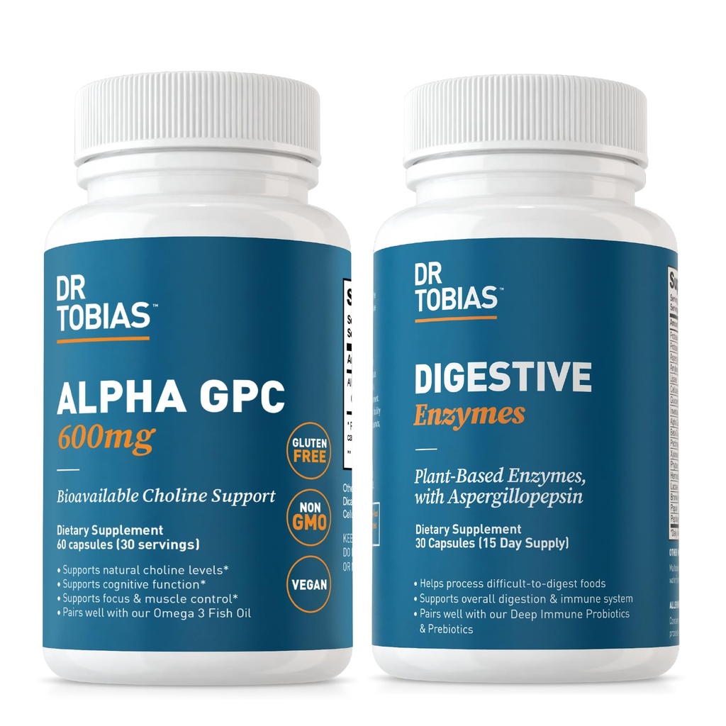 Dr. Tobias Alpha GPC & Digestive Enzymes - Γνωστική λειτουργία υποστήριξης & Everyday Gut Health με Bioδιαθέσιμο συμπλήρωμα χολίνης & Premium Enzymes για την πέψη, μη-GMO