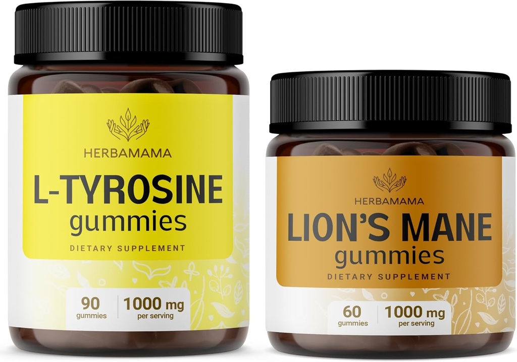 HERBAMAMA L-Tyrosine ve Lion's Mane Kit - 1000 mg L-Tyrosine & 1000 mg Lion's Mane Gummies - Vegan, Non-GMO, Gelatin-Free - 2 Pack