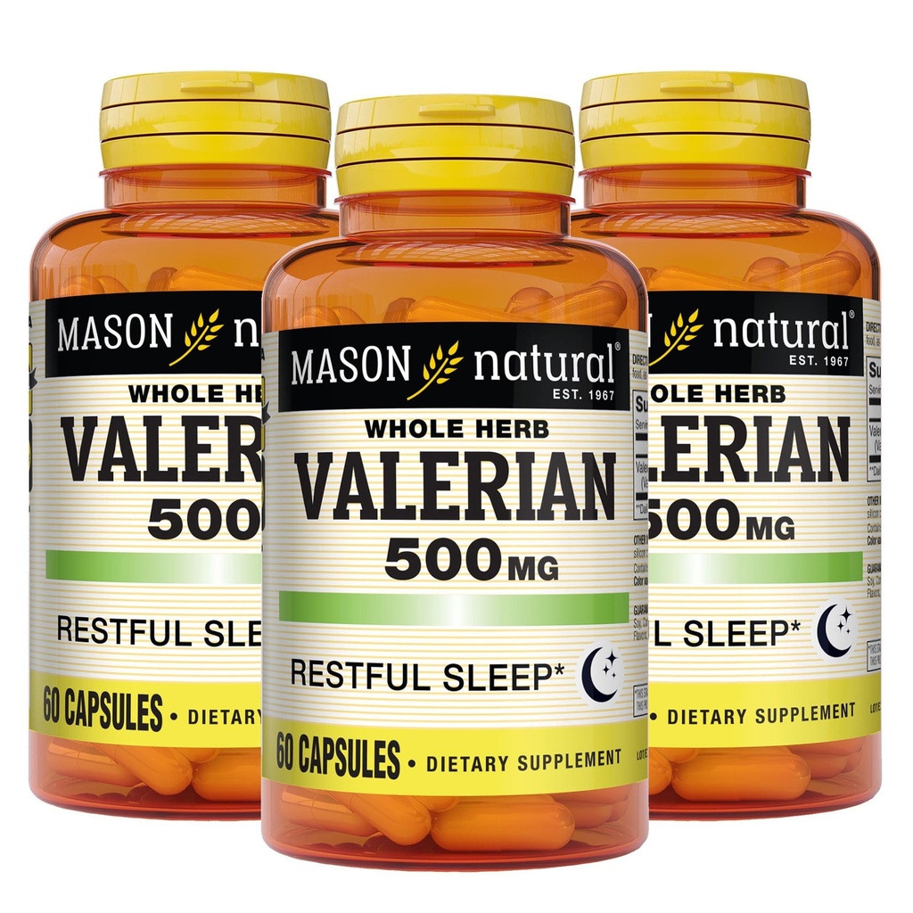 MASON NATURAL Valerian Root 500 mg, 6 Ay Supply, Natural Sleep Aid, Sağlıklı ve Huzurlu Uykuyu Teşvik Ediyor, Herbal Supplement, 3 Pack