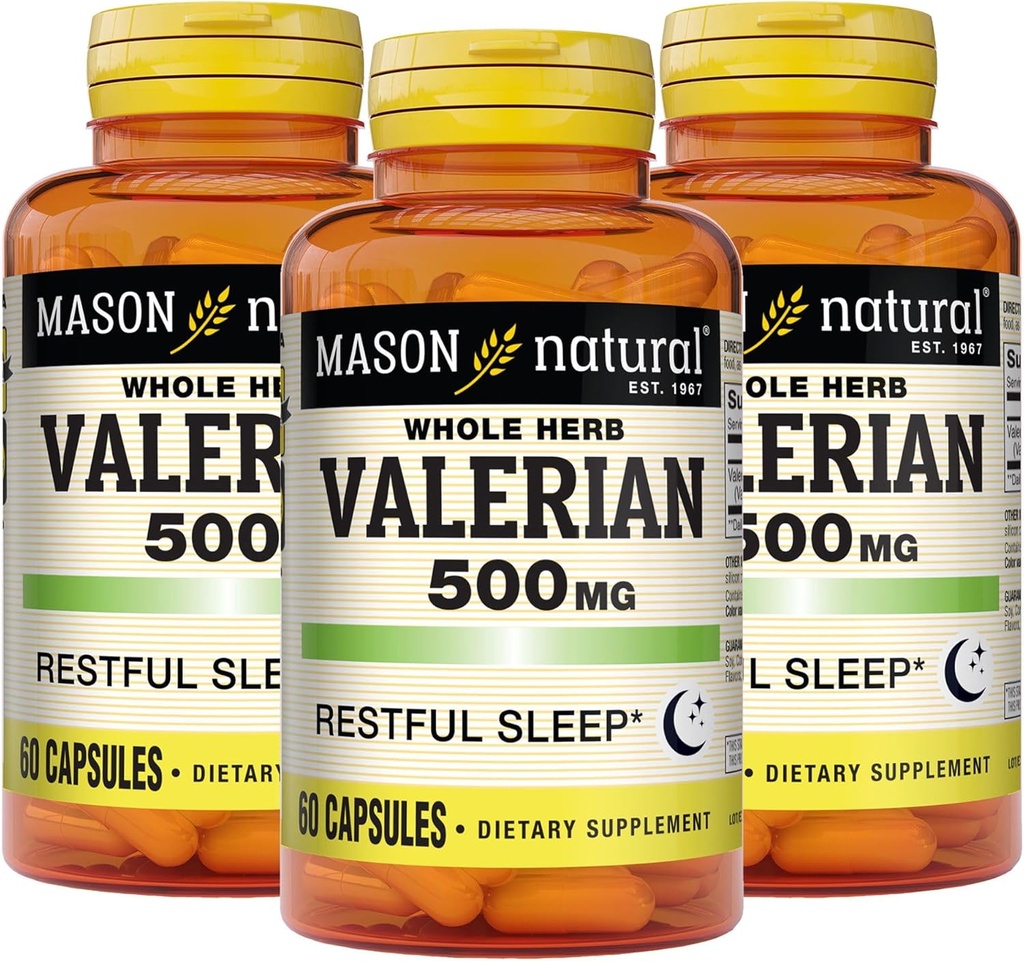MASON NATURAL Valerian Root 500 mg, 6μηνη παροχή, φυσική βοήθεια ύπνου, προωθεί υγιή & ξεκούραστο ύπνο, συμπλήρωμα βοτάνων, 3 συσκευασία