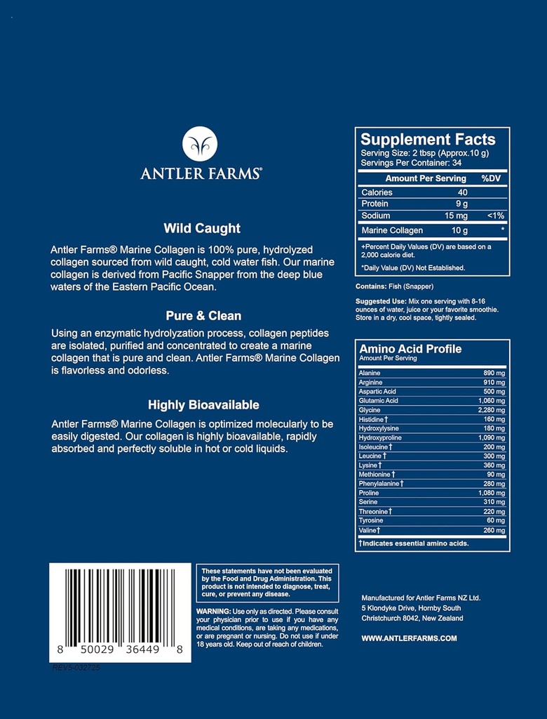 Antler Çiftlikleri - Vahşi Caught Pacific Snapper'den 100% Saf, Temiz Deniz Collagen Tozu, 12 oz - Hot veya Cold Liquids'de lezzetli, Highly Bio kullanılabilir, Hızlı Aorpsiyon, Tadı veya Koku Yok