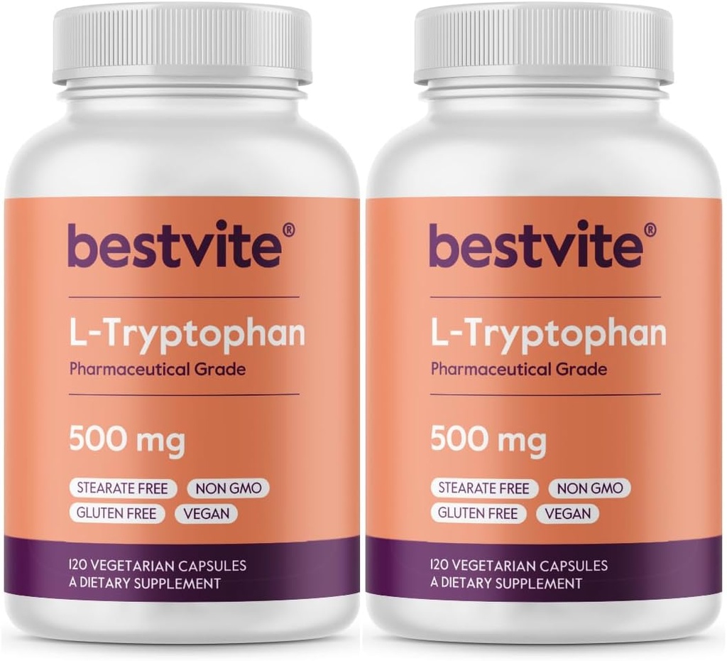 BESTVITE L-Tryptophan 500 mg per Capsule (240 Vejetaryen Capsules) (2-Pack) - No Stearates - No Silica - No Gelatin - Vegan - Gluten Free - Non GMO