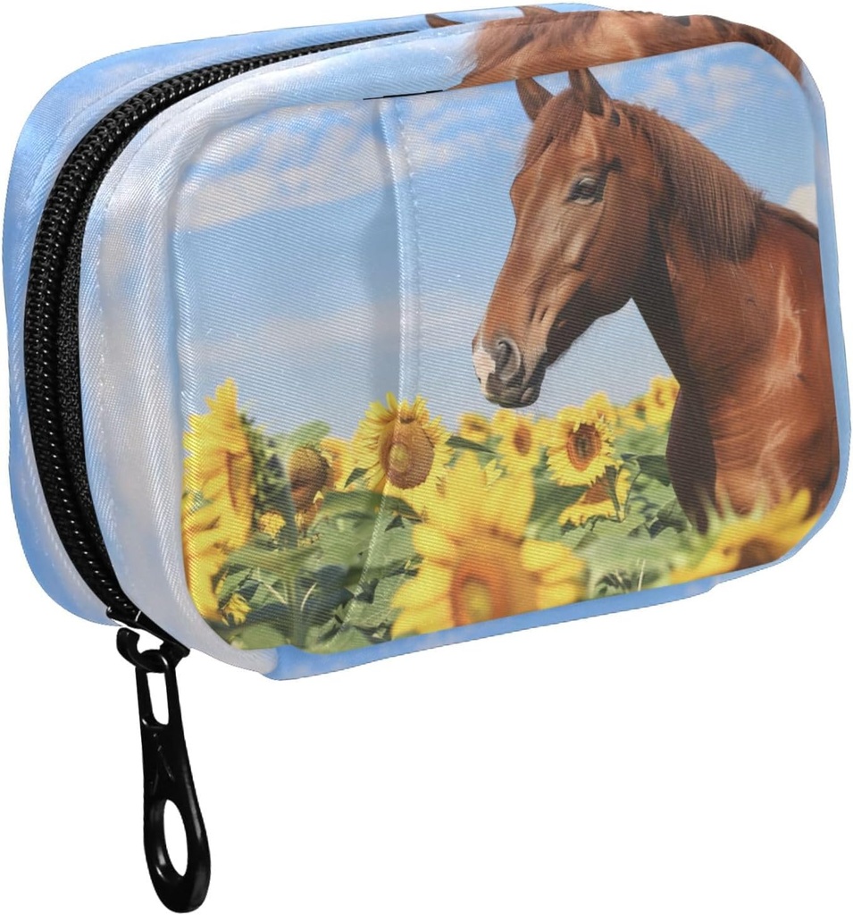 Fustylead Brown Horse in Sunflower Field and Blue Sky Pill Organizer Case with Zipper 2 times A Day for Vitamin and Supplement, 7 Day Travel Organizer Medicine Case