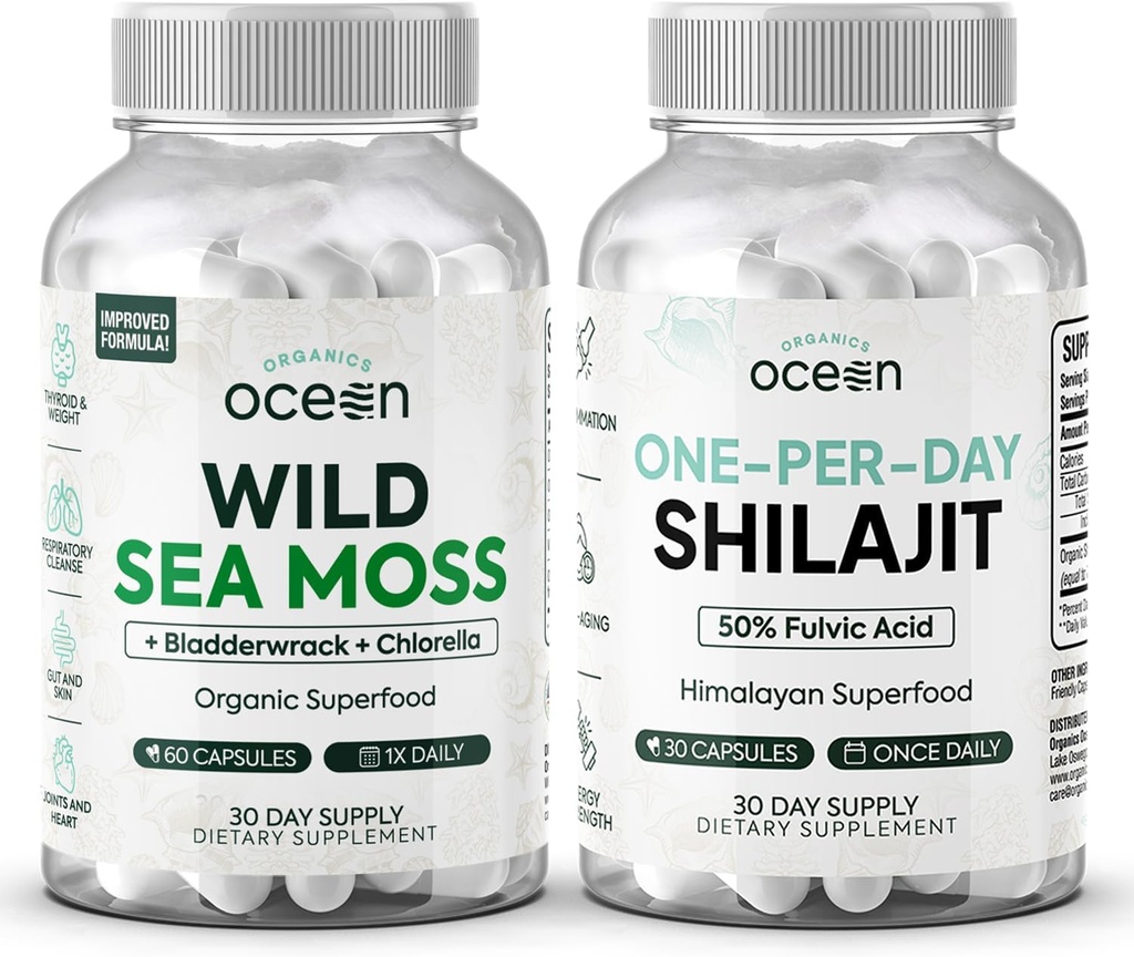 Οργανικοί Ocean Wild Sea Moss Κάψουλες και ένα ανά ημέρα Shilajit για άνδρες και γυναίκες - 100% Irish Sea Moss και Pure Shilajit Κάψουλες - Thyroid Υποστήριξη για γυναίκες και άνδρες