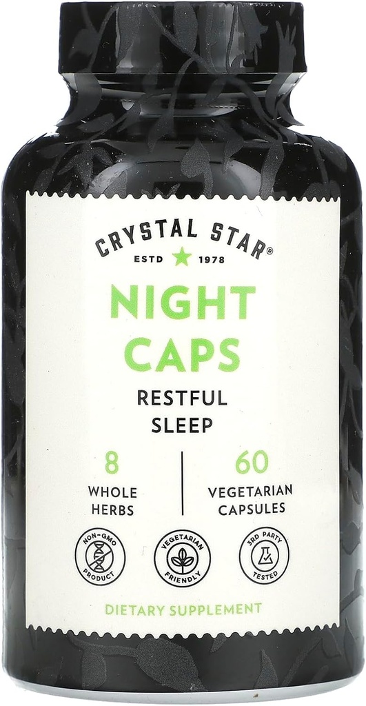Crystal Star Night Caps Natural Sleep Aid Supplement (60 Capsules) – Herbal Non-Habit Format – Valerian Root, Kava & Passion Flower – Non-GMOMOMO