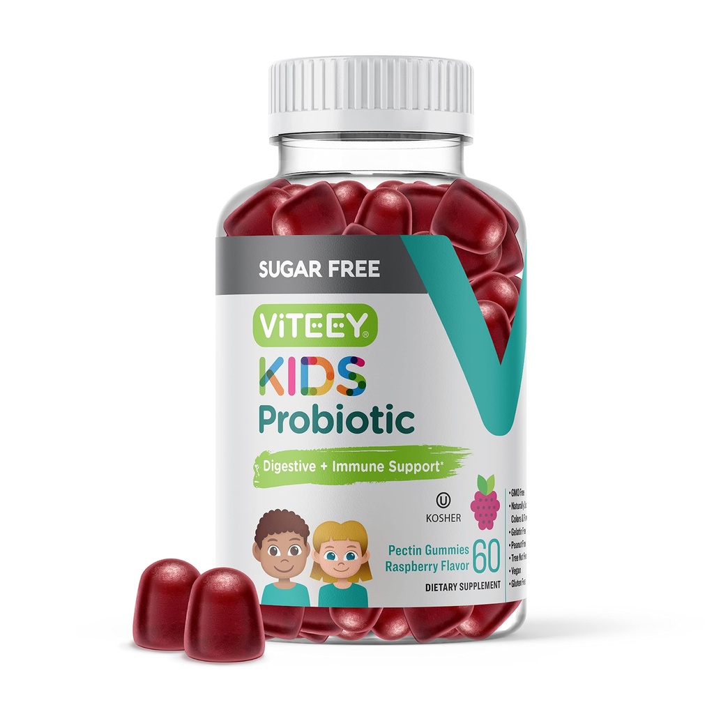 Çocuklar için Viteey Probiyotik Gummies - 2 Milyar CFUs - Probiyotiks Kids Constipation Relief, Natural Immune & Digestive Health Support - Vegan, Gelatin Free, GMO Free - Tasty Chewable Raspberry Flavored