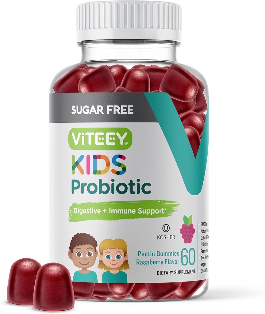 Çocuklar için Viteey Probiyotik Gummies - 2 Milyar CFUs - Probiyotiks Kids Constipation Relief, Natural Immune & Digestive Health Support - Vegan, Gelatin Free, GMO Free - Tasty Chewable Raspberry Flavored