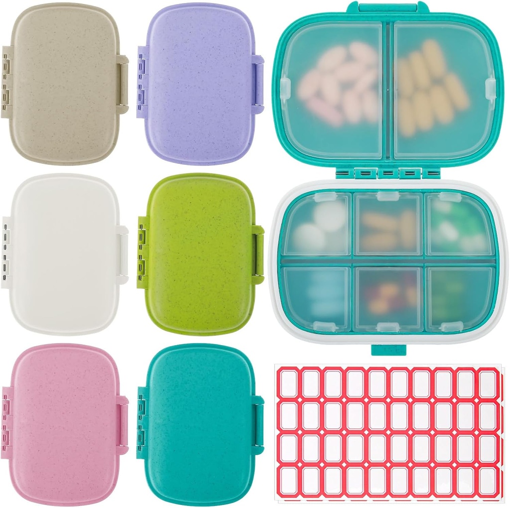 6 Pack Travel Pill Organizer 8 Karşılaştırmalı Portreatif Pill Case with Label Small Pill Container for Pocket Purse Tıp Depolama Tankı için Konteynerleri Pill Supplement Case Case