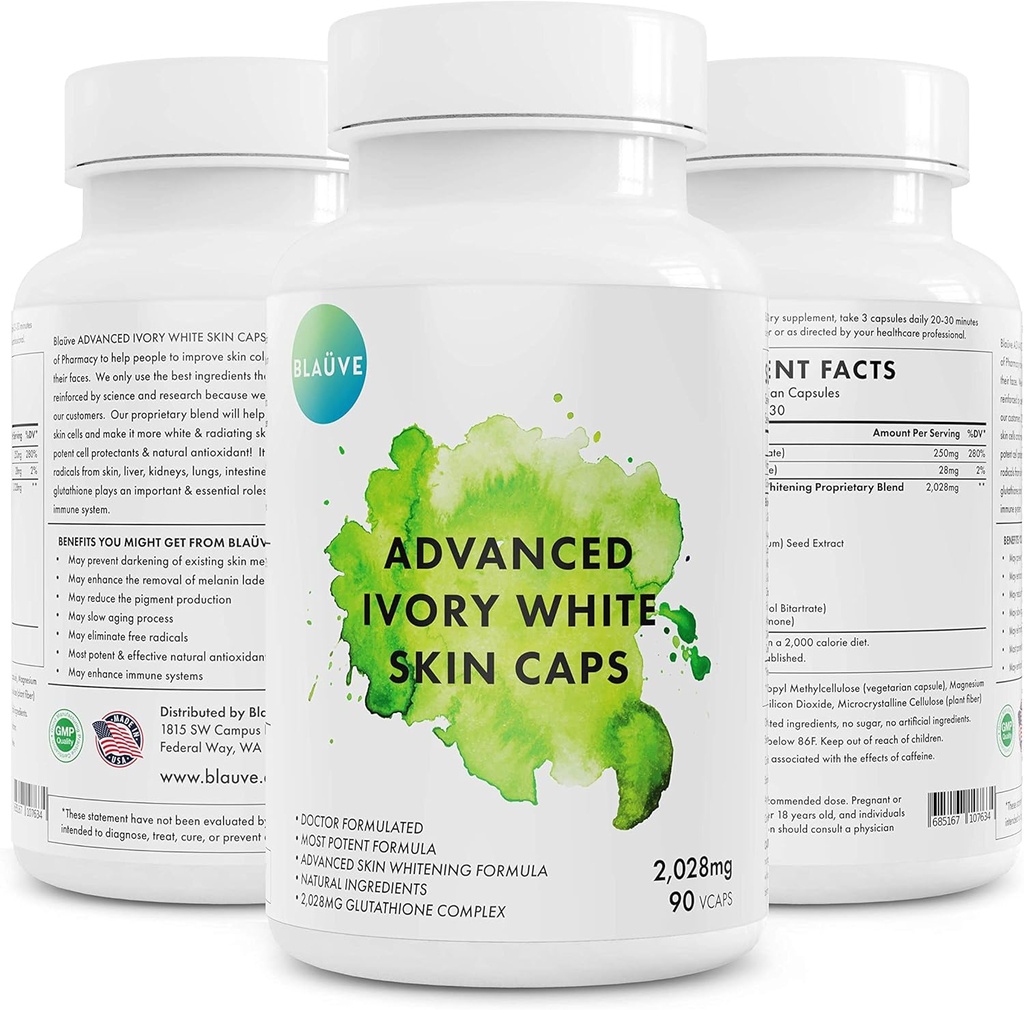 Ivory White Skin Caps- maximum Potency 2028 mg Glutathione Skin Whitening 90 Capsules- GSH - En İyi Whitener- Whitens /Lightens Your Skin Tone-Doctor Formulaed