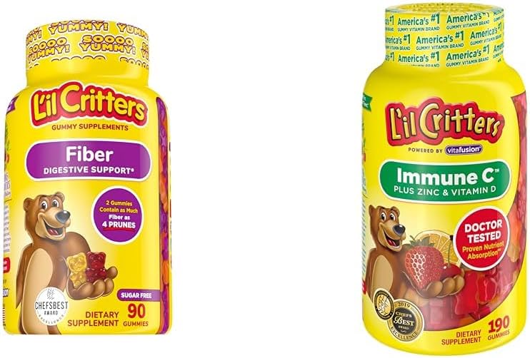 L’il Critters Fiber Daily Gummy συμπλήρωμα για τα παιδιά, για την υποστήριξη Digestive, Berry και Lemon Flavors & Immune C Daily Gummy συμπλήρωμα βιταμίνης για τα παιδιά, για βιταμίνη C, D και ψευδάργυρο για ανοσοποιητική υποστήριξη