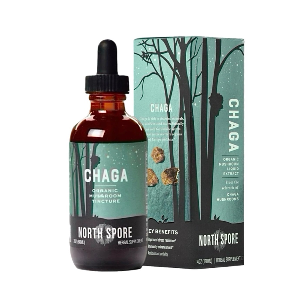 North Spore Organik Chaga Mushroom Tincture (4 oz) |% 100 Meyve Vücut Türlerini | Immune Support, Enerji ve Denge | sertifikalı Organik, Vegan, Non-GMO | Adaptojenik, Nootropic | Made in USA