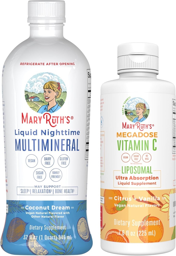 MaryRuth's Nighttime Multimineral (Coconut) & Vitamin C Liposomal (Citrus & Vanilla) | Clean Label Project  Valid® | Supplement for Bedtime & Antioxy | Vegan, Non-GMO, Gluten Free
