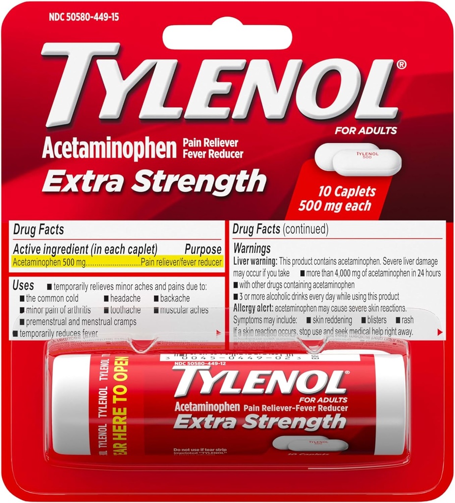Tylenol Ekstra Güçlü 500 mg Acetaminophen Caplets, Pain Reliever & Fever, Acetaminophen for Minor Arthritis Pain, Headache, Backache & Toothache, Travel Dimension, 10 ct