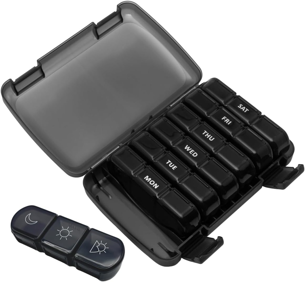Ezy Δόση Εβδομαδιαία (7-Ημέρα) Καθημερινή Medtime Pill Organizer περίπτωση, Vitamin Planner και Medicine Container, Αφαιρούμενα μεγάλα Pop-Out Ατομικά Διαμερίσματα, 3 φορές την ημέρα, Ταξίδι Φιλικό Μαύρο, BPA Δωρεάν