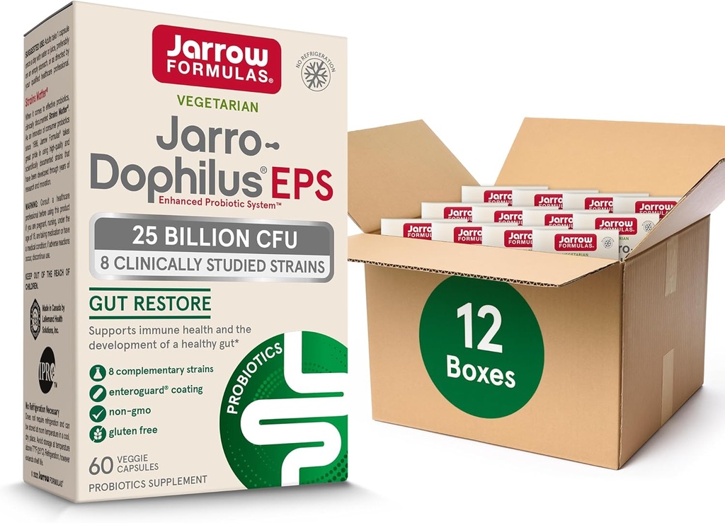 Jarrow Formulas Jarro-Dophilus EPS Probiotics 25 Δισεκατομμύρια CFU για ενδοεντερική Φυλλαδική Υποστήριξη, Συμπληρώματα Προβιοτικών για την Υγεία των Ούρων για γυναίκες και άνδρες, 60 κάψουλες Veggie, Μέχρι 60 ημέρες προσφοράς, 12 συσκευασίες