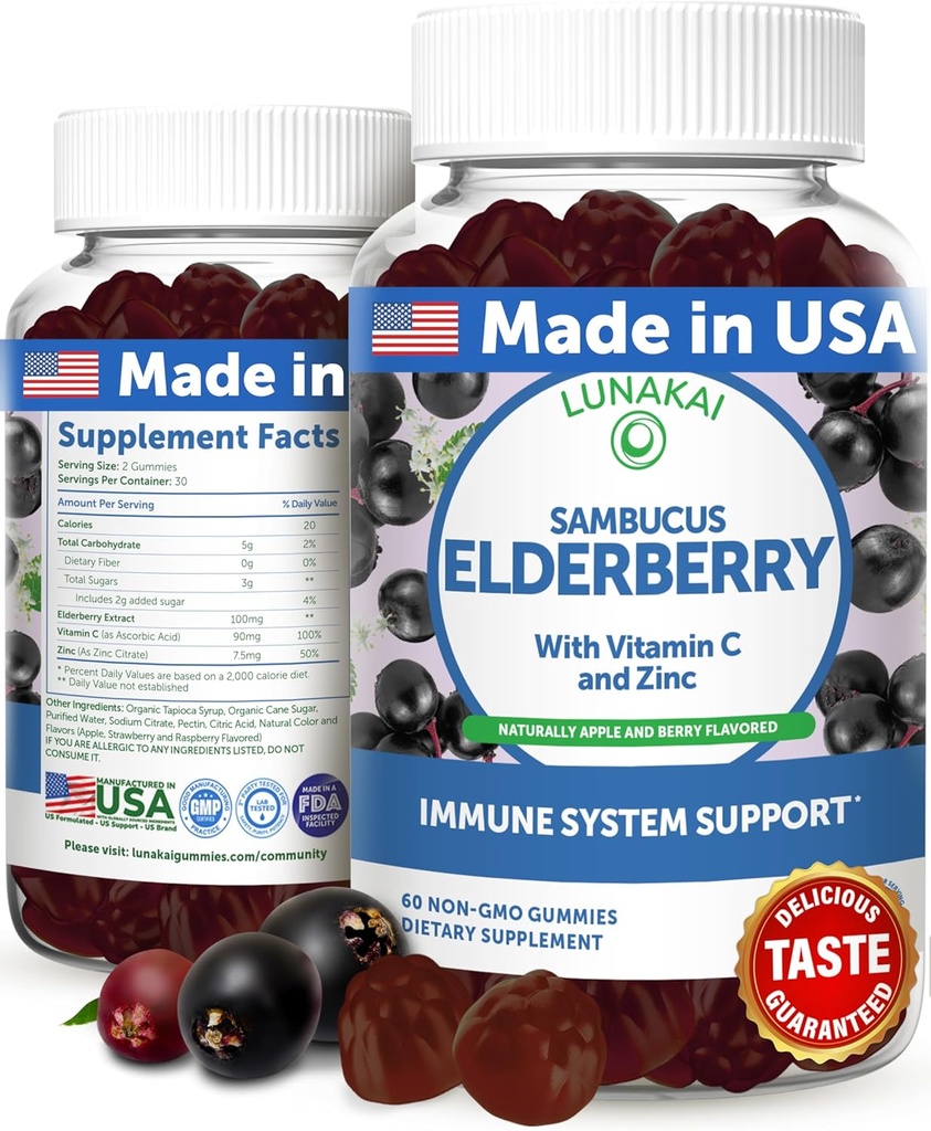Lunakai USA Made Black Sambucus Elderberry Gummies for Adults & Kids with Vitamin C & Zinc - Ανοσολογική Υποστήριξη, Αντιοξειδωτικά, Μη ΓΤΟ, 60 Gummies