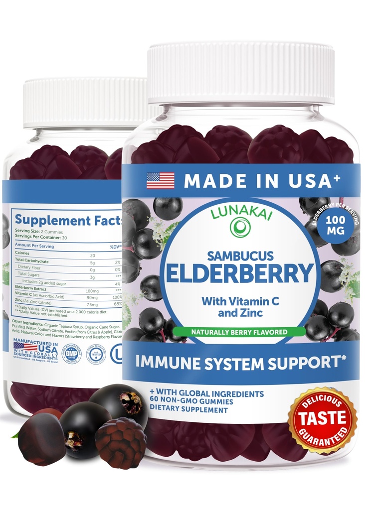 Lunakai USA, Yetişkinler ve Çocuklar için C & çinko - Immune Support, Antioksis, Non-GMO, 60 Gummies