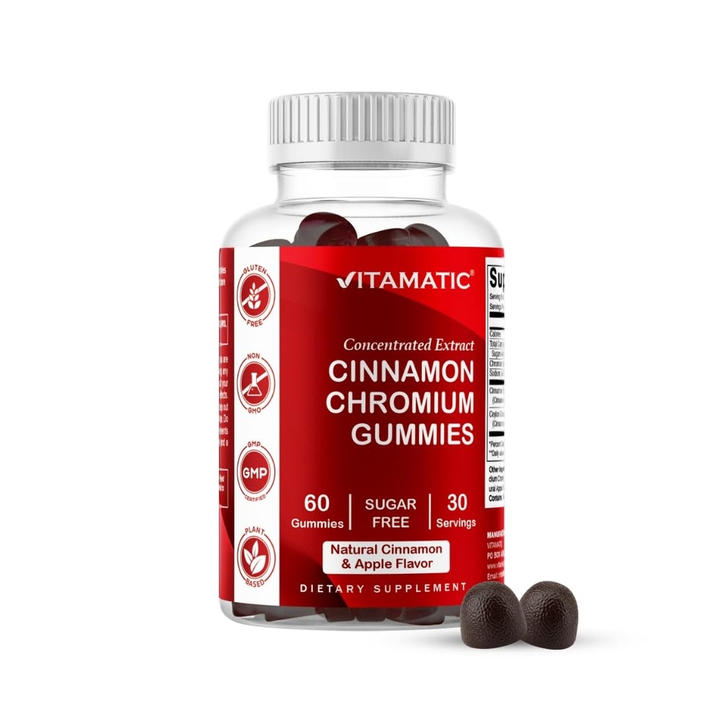 Vitamatic Sugar-Free Chromium Gummies with Ceylon Cinnamon - 2000 mg Equivalent Per Service ( 83 mg) – Non-GMO, Gluten-Free – 60 Vegan Gummies