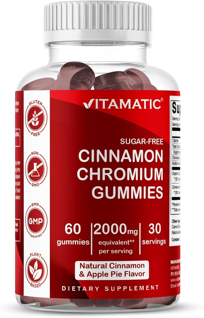 Vitamatic Sugar-Free Chromium Gummies with Ceylon Cinnamon - 2000 mg Equivalent Per Service ( 83 mg) – Non-GMO, Gluten-Free – 60 Vegan Gummies